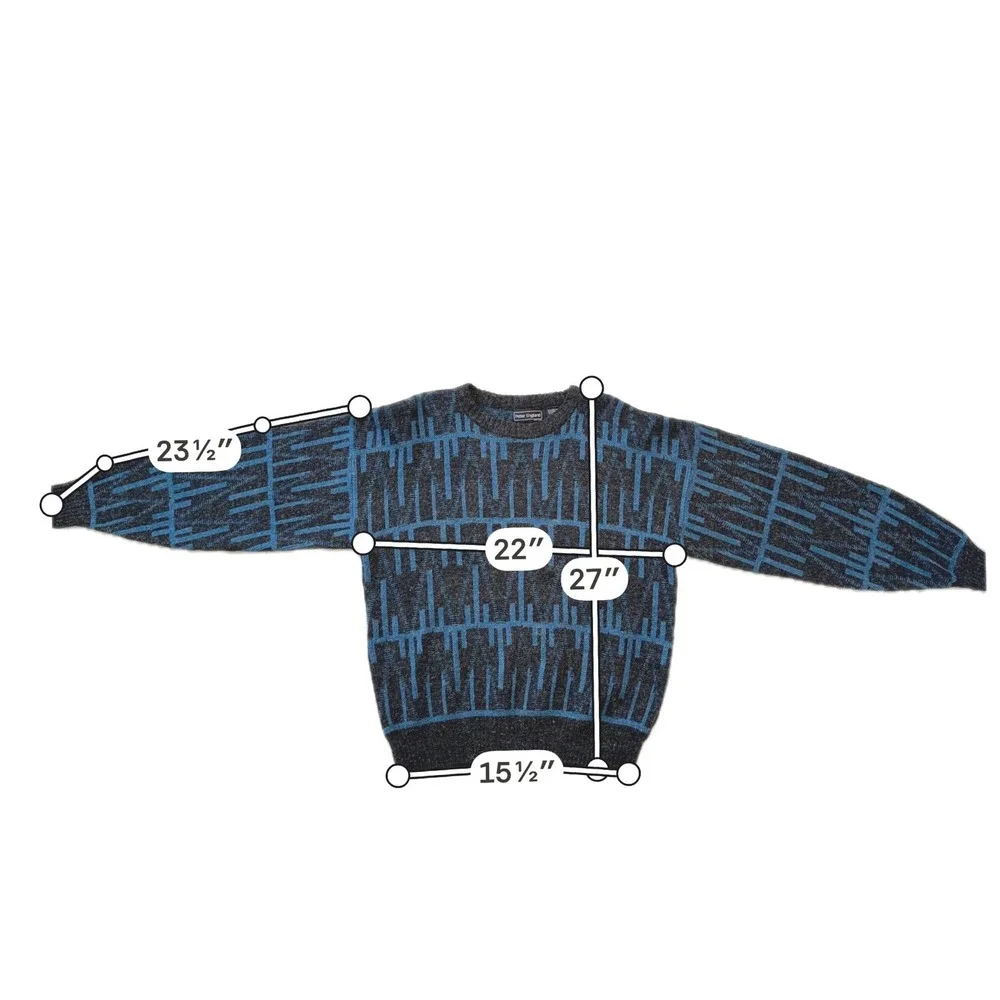 Vintage 80s Peter England Geometric Grandpa Sweater M Black Blue Wool Blend Knit